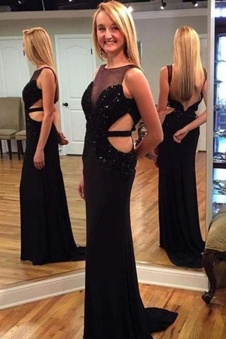 Black Beaded Chiffon Prom Dresses Featuring Sheer Bateau Neckline And Open Back Long Elegant Formal Gowns