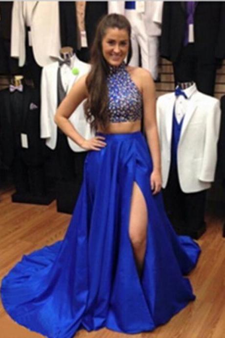 Charming Royal Blue Two Piece Prom Gowns Rhinestones Embellished Taffeta Backless Formal Dresses With Side Split