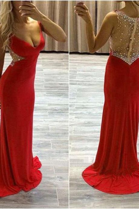 Sexy Red Mermaid Prom Dresses With Illusion Back And V Neck Floor Length Chiffon Formal Dresses