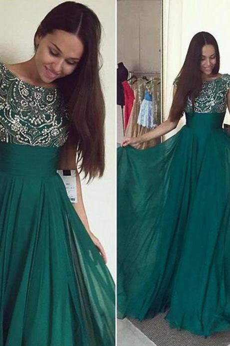 Sexy Teal Prom Dresses Featuring Rhinestones Beaded Bodice With Sheer Bateau Neckline Floor Length Chiffon Formal Dresses