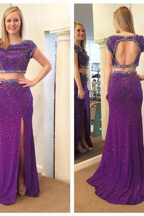 Long Purple Two Piece Prom Dresses Showcases Short Sleeve And Side Split Floor Length Chiffon Backless Formal Dresses