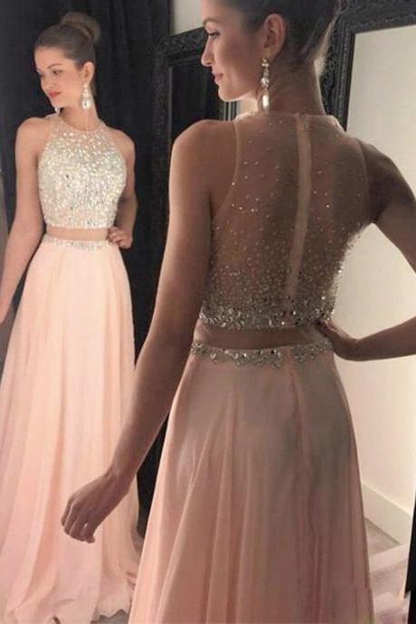Charming Chiffon Pink A Line Prom Gowns, Pink Two Piece Prom Dresses,A Line Prom Dress 2016