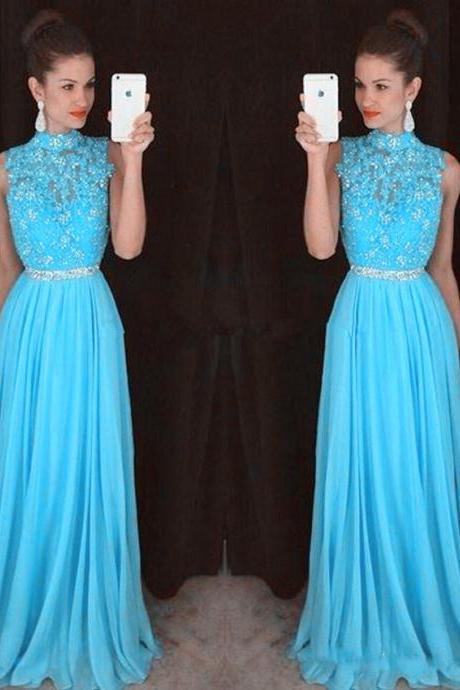 Sexy Chiffon Sky Blue Evening Dresses With Lace Applique Long Elegant Prom Dress Robe De Soiree Formal Gowns 