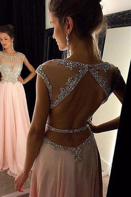 Sexy Women Strapless Beaded Formal Dresses Pink Chiffon Evening Party Gonws With Open Back