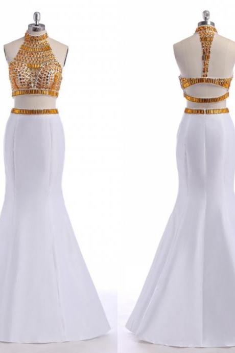 Vintage Satin Halter White Two Piece Prom Dresses Court Train Strapless Formal Gonws 