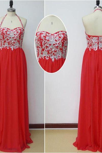 2017 Halter Sweetheart Floor-length Chiffon Dress In Red - Prom Dress, Bridesmaid Dress, Formal Dress