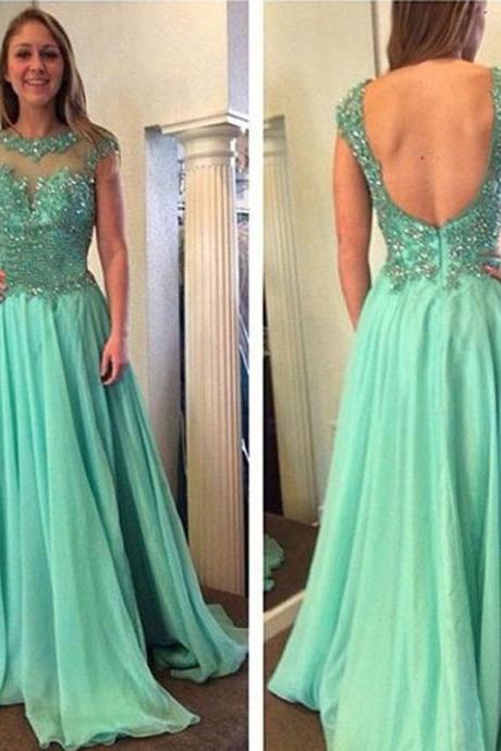 Sexy Chiffon Sheer Neck Light Green A Line Prom Dresses Backless Strapless Court Train Formal Gonws 