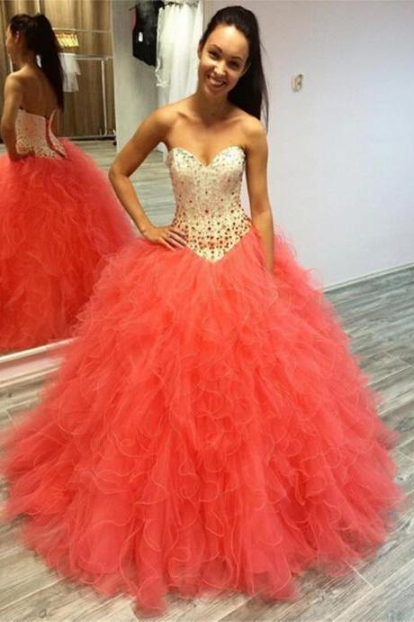 Coral Floor Length Ruffle Organza Quinceanera Gown Featuring Sweetheart Beaded Bodice