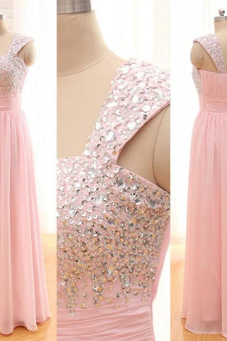 Sexy One Shoulder Beaded Chiffon Formal Dresses,long Elegant Pink Prom Dresses,