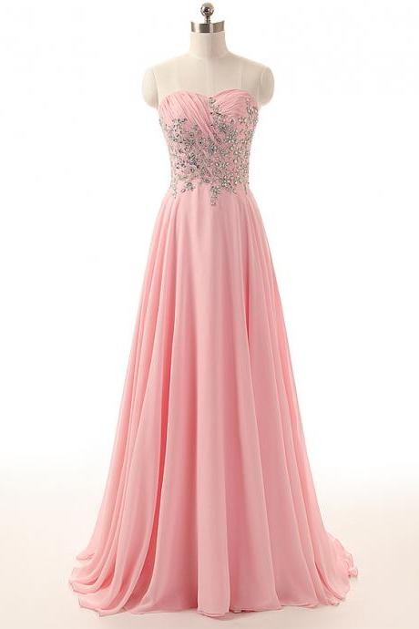 Pink Floor Length Chiffon A-Line Evening Dress Featuring Ruched Sweetheart Bodice with Beaded Embellishments and Lace-Up Back 