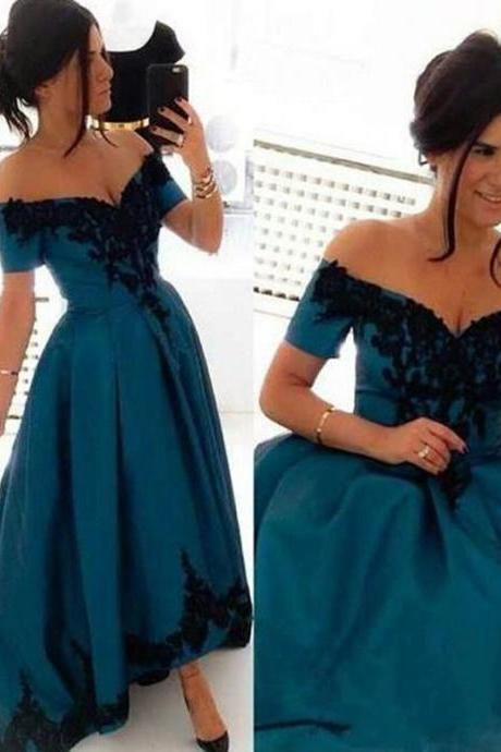 Charming High Low Teal Prom Gowns Satin V Neck Lace Applique Formal Dresses