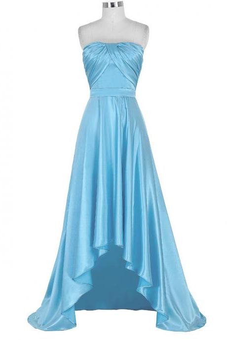 Sexy Women High Low Formal Dresses Light Blue Satin Evening Party Gonws With Ruched Bodice