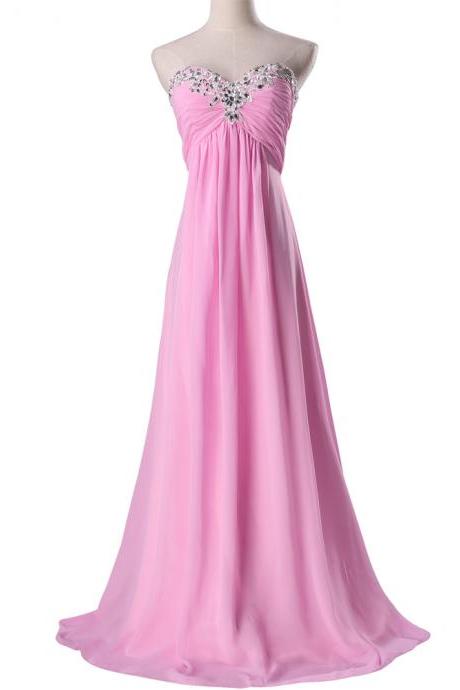 Sexy Women Long Formal Dresses Beaded Pin Chiffon Evening Party Gonws With Sweetheart Neckline