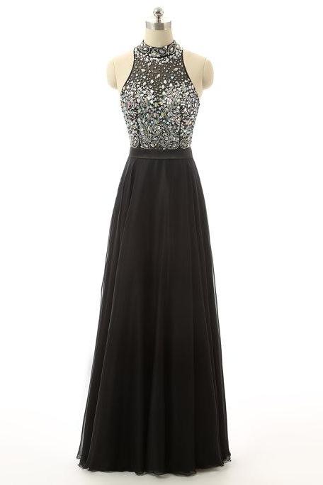 Black Halter Rhinestone Prom Dresses Featuring Beaded Bodice With Sheer Neck - Long Elegant Evening Formal Gowns 