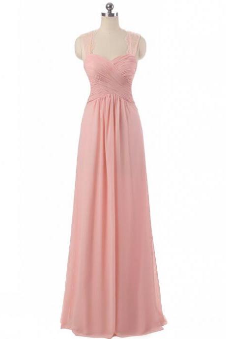 Pink Chiffon Prom Dresses Featuring With Lace Straps - Long Elegant Evening Formal Gowns