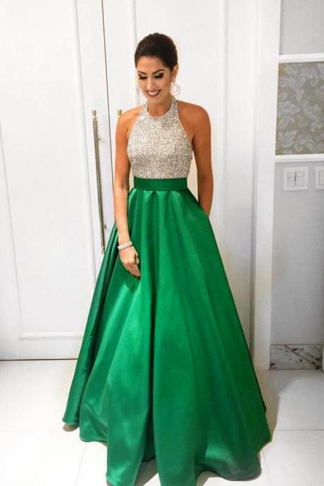Long Beaded Green Prom Dresses Featuring Halter Neckline Long Satin A Line Evening Gowns