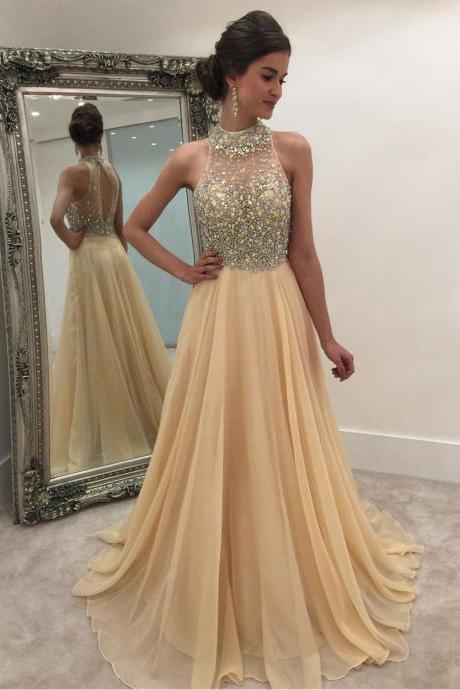 Long Champagne Prom Dresses Floor Length Chiffon Halter A Line Evening Gowns