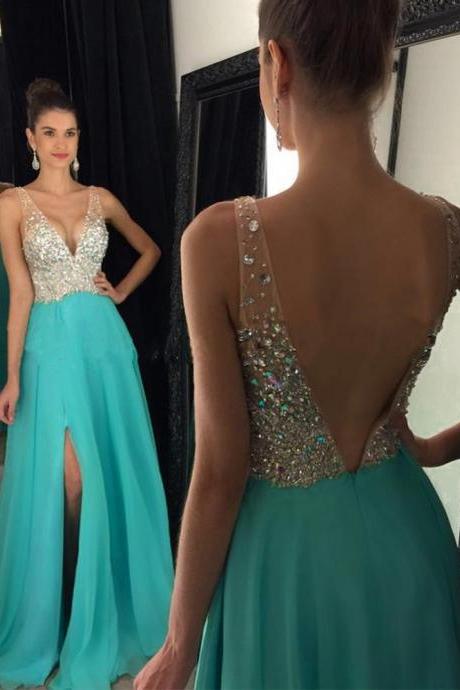 Sexy Backless Turquoise Prom Dresses Floor Length V Neck Chiffon A Line Evening Gowns