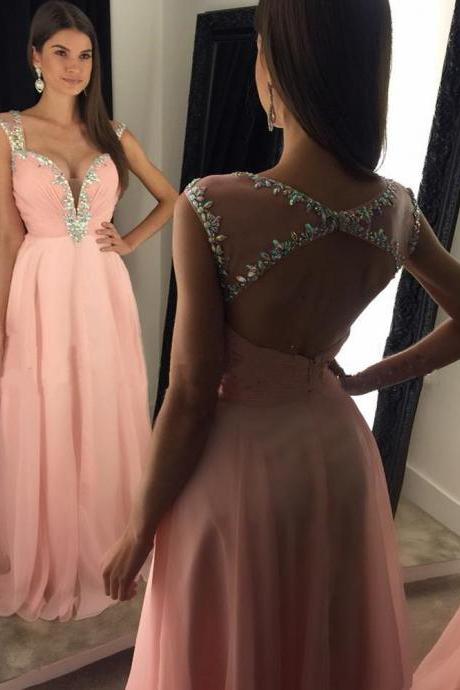 Sexy Backless Women Strapless Beaded Formal Dresses Pink Chiffon Evening Party Gonws With Open Back