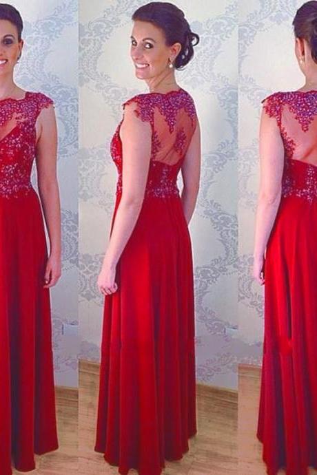 Red Chiffon Prom Dresses Featuring Sheer Neck And See Through Back Long Elegant Evening Gowns