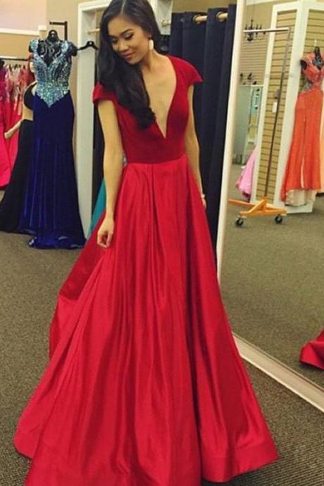 Sexy Women Formal Dresses Red Satin Evening Party Gonws With Plunge V Neckline And Cap Sleeve