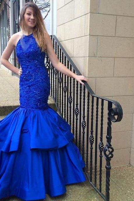 Royal Blue Mermaid Prom Dress Women Formal Dresses Satin Evening Party Gonws With Beaded Bodice
