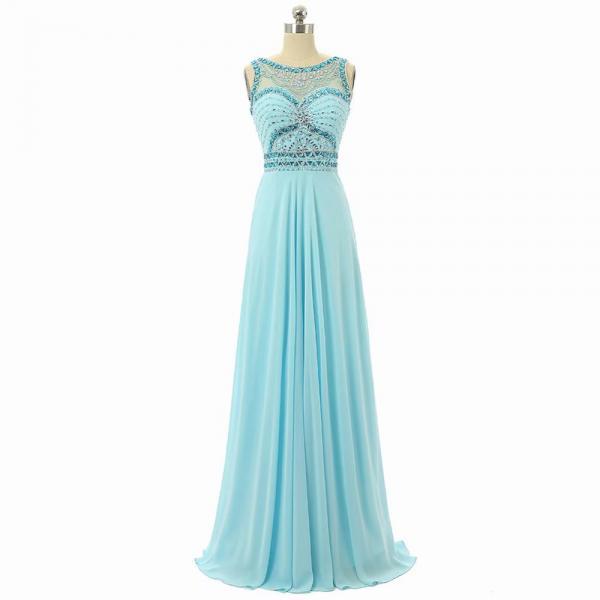 Elegant A-Line Long Empire Light Blue Chiffon Bridesmaid Dresses With Sheer Neck