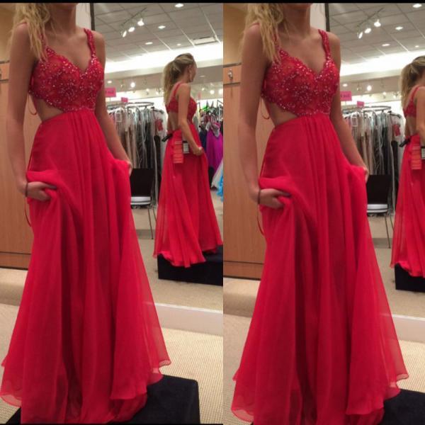 Sexy Spaghetti Straps Red Prom Dresses Long Elegant Chiffon Beaded ...