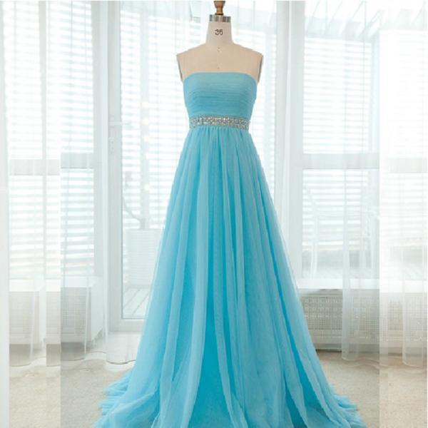 Strapless Blue Prom Dresses With Beaded Waistline Ruched Floor Length ...