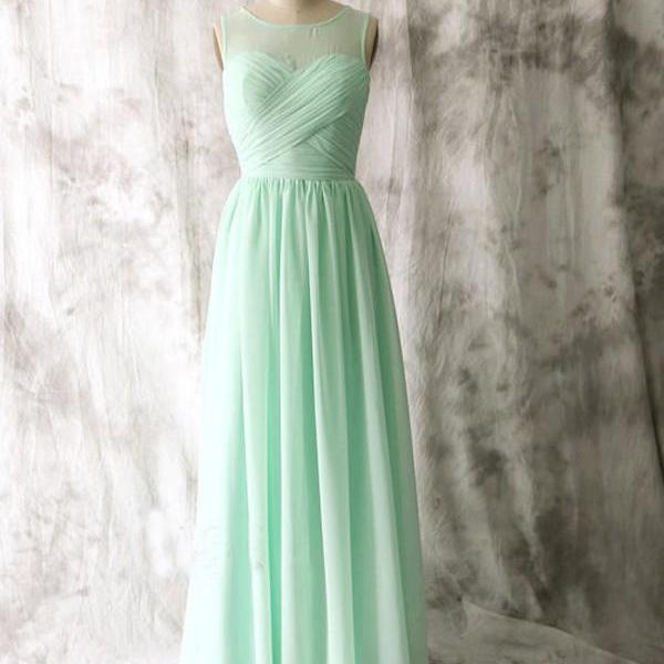 Fashion Long Sheer Neck Mint Green Chiffon Bridesmaid Dresses, Floor ...