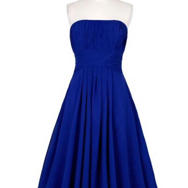Royal Blue Chiffon Ruched Strapless Straight-Across Knee Length Ruffle ...
