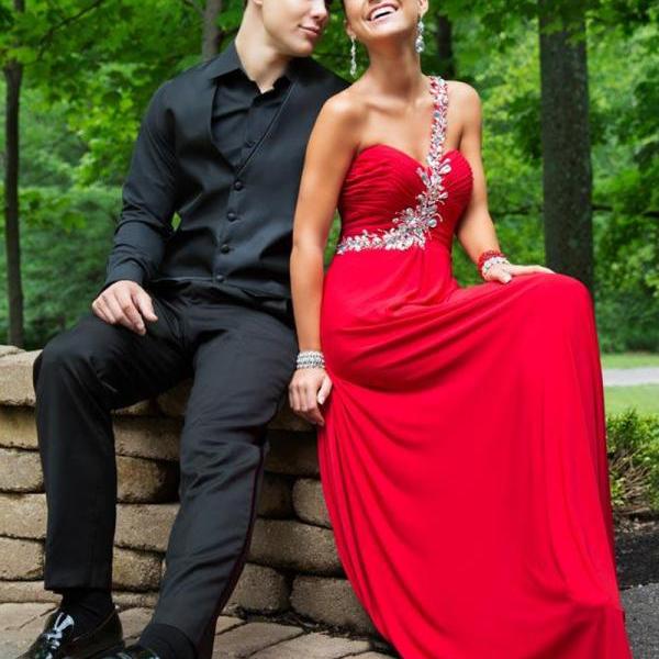 Gorgeous Rhinestone Beaded Long A-line Red Chiffon Prom Dresses, PD0845