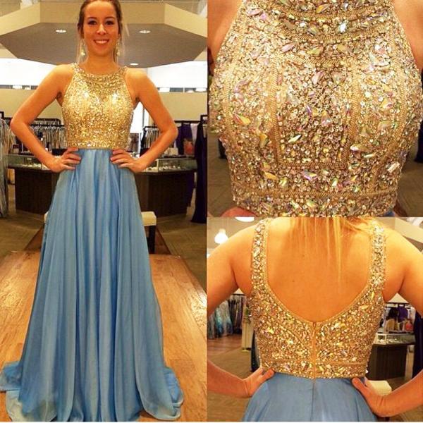 Vintage Chiffon V Neck Light Blue Prom Dresses With Gold Bodice Court Train Strapless Formal Gonws