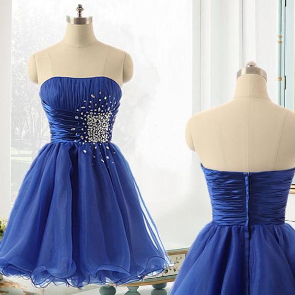 Royal Blue Short A-Line Evening Dress Featuring Beaded Strapless Bodice