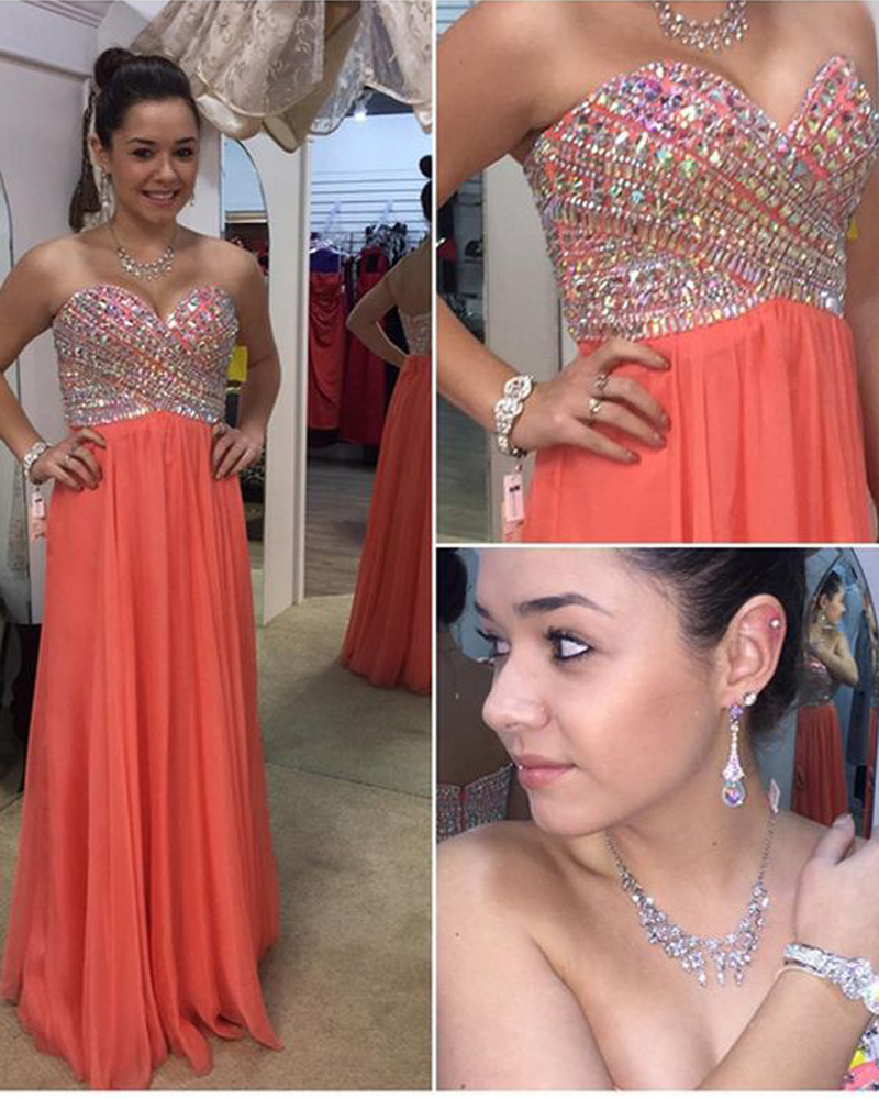 Sexy Long Coral Prom Dresses With Beaded Rhinestone Sweetheart Neckline