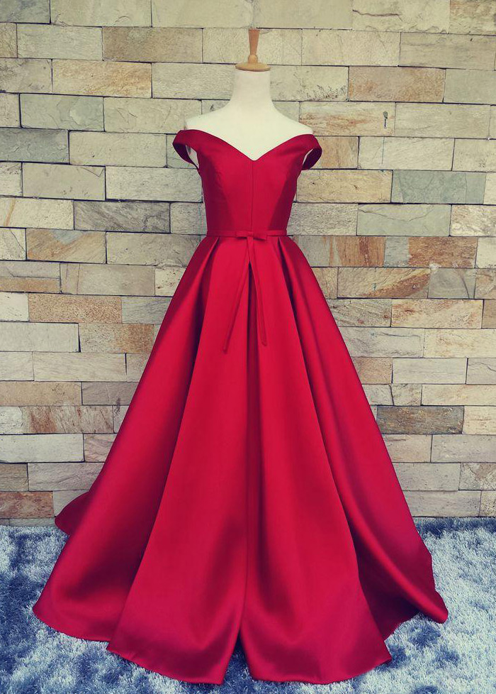 Brilliant Satin Red A Line Prom Gowns, Red Prom Dresses With Off The