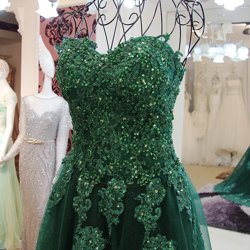 Elegant Hunter Green Lace Applique Prom Dresses Floor Length Sweetheart ...