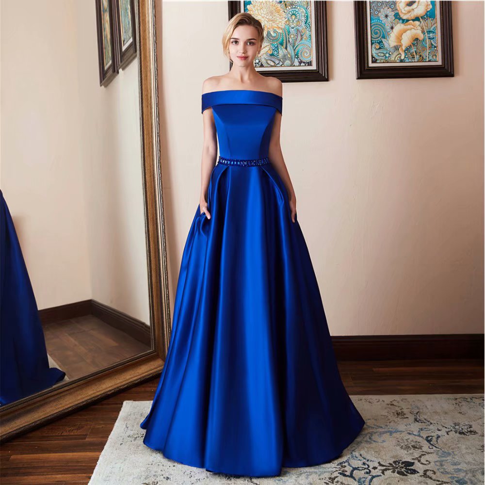 Royal Blue Prom Dress Beaded Boat Neck Long Women Party Formal Dress on ...