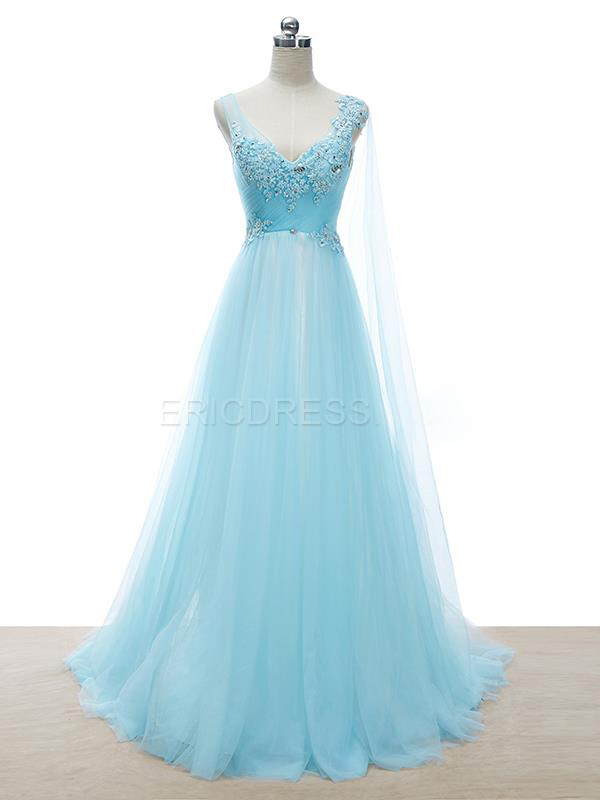 Lace Appliqué Light Blue Prom Dresses Featuring V Neck Beaded Floor