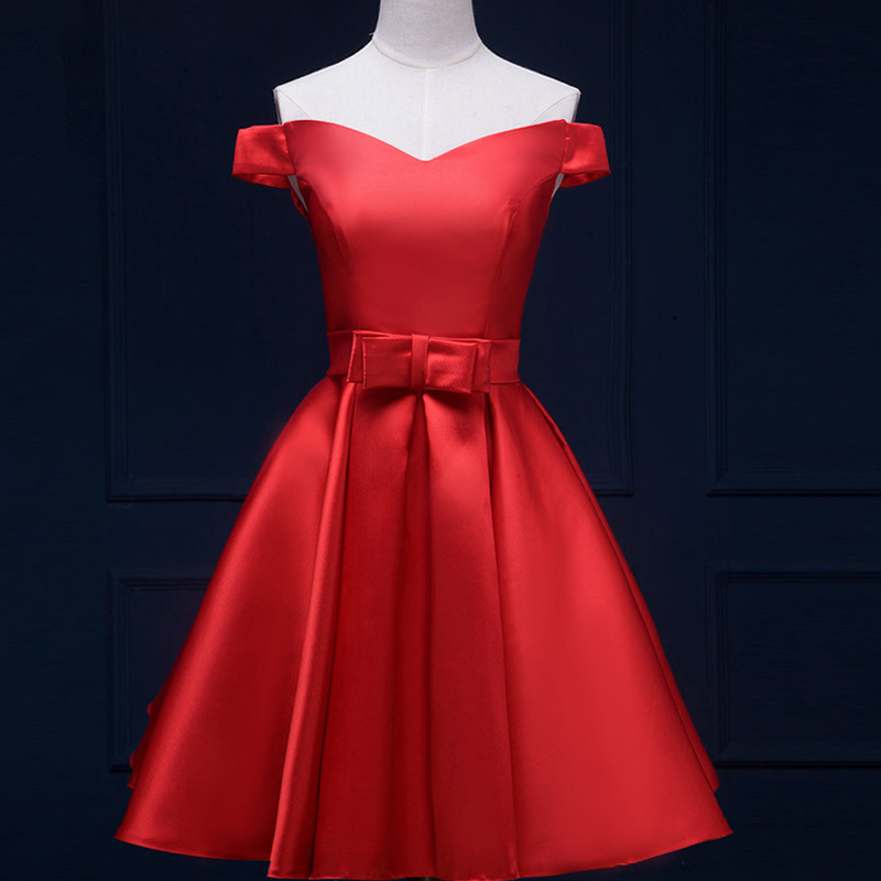 Red Short Aline Evening Dress Featuring Square Neckline Bodice,bow Accent Belt And Lace Up Back
