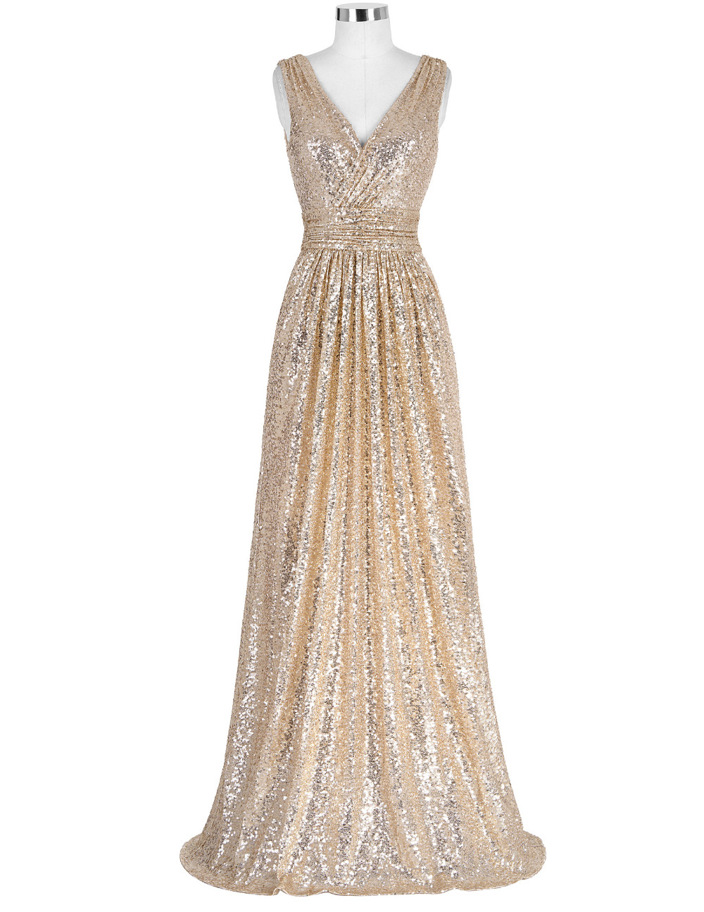 Stunning V Neck Gold Sequined Bridesmaid Dresseselegant Long Formal